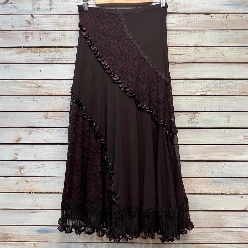 Vintage Boho Ruffle Sequin Embroidered Lace Mesh Midi Skirt Fairycore Y2K M - Picture 4 of 8